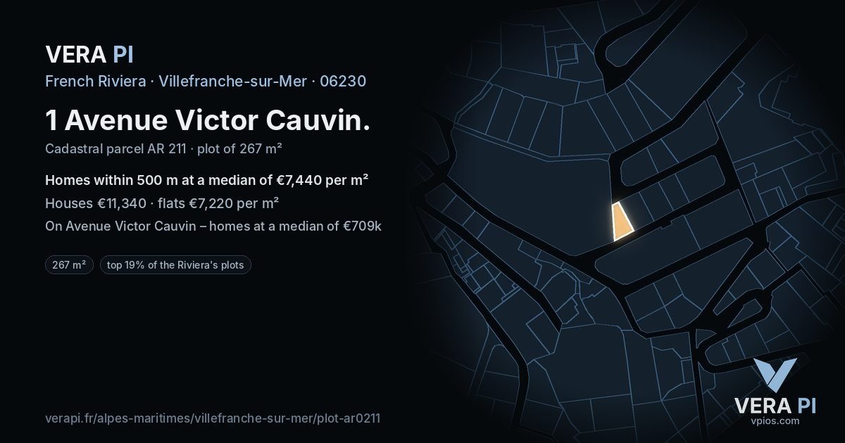 1 Avenue Victor Cauvin, Villefranche-sur-Mer at night – the plot lit, the parcels around coloured by the prices near them