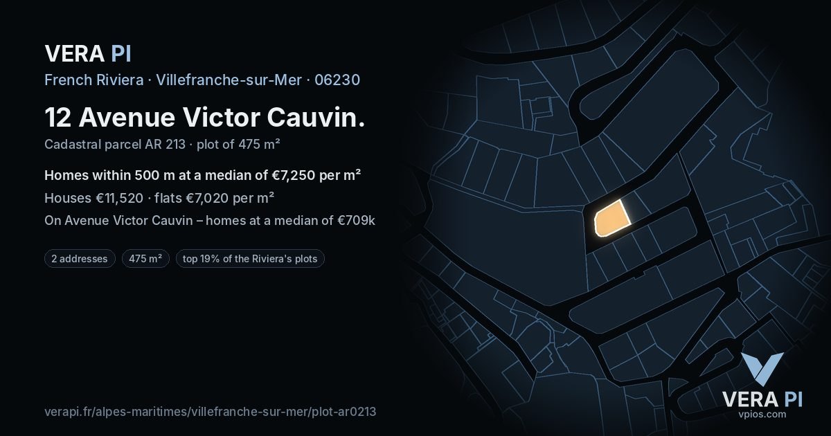 12 Avenue Victor Cauvin, Villefranche-sur-Mer at night – the plot lit, the parcels around coloured by the prices near them