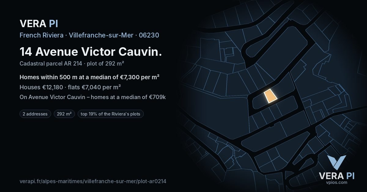 14 Avenue Victor Cauvin, Villefranche-sur-Mer at night – the plot lit, the parcels around coloured by the prices near them