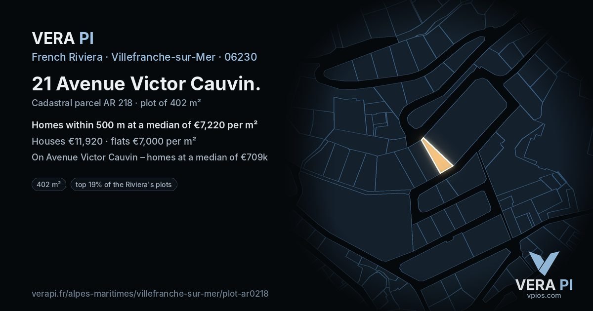 21 Avenue Victor Cauvin, Villefranche-sur-Mer at night – the plot lit, the parcels around coloured by the prices near them