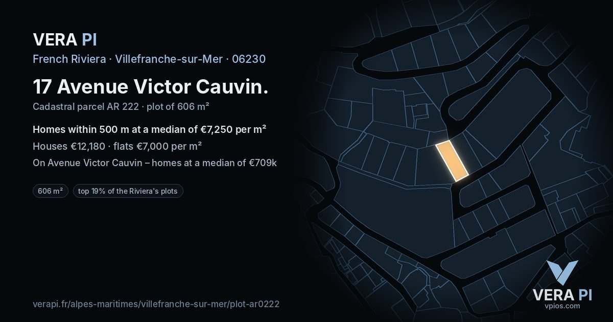 17 Avenue Victor Cauvin, Villefranche-sur-Mer at night – the plot lit, the parcels around coloured by the prices near them
