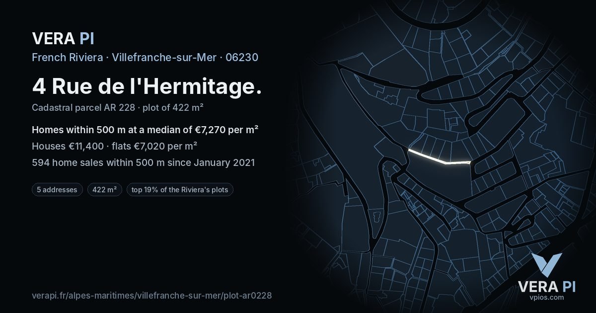 4 Rue de l'Hermitage, Villefranche-sur-Mer at night – the plot lit, the parcels around coloured by the prices near them