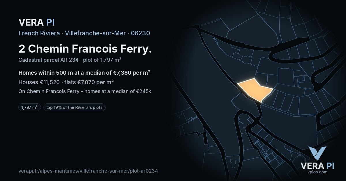 2 Chemin Francois Ferry, Villefranche-sur-Mer at night – the plot lit, the parcels around coloured by the prices near them