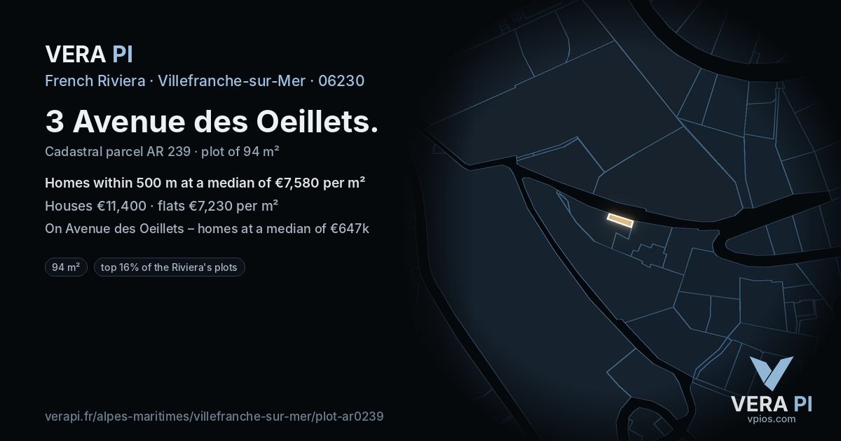 3 Avenue des Oeillets, Villefranche-sur-Mer at night – the plot lit, the parcels around coloured by the prices near them