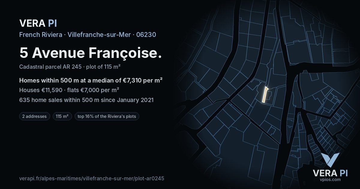 5 Avenue Françoise, Villefranche-sur-Mer at night – the plot lit, the parcels around coloured by the prices near them