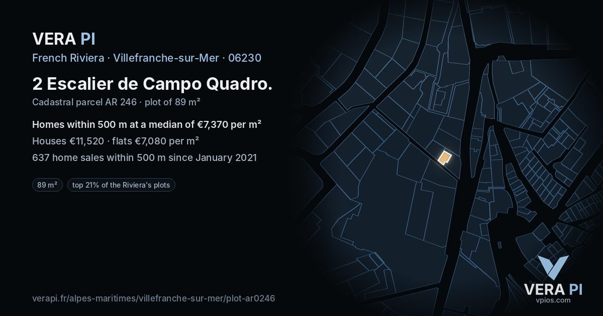 2 Escalier de Campo Quadro, Villefranche-sur-Mer at night – the plot lit, the parcels around coloured by the prices near them