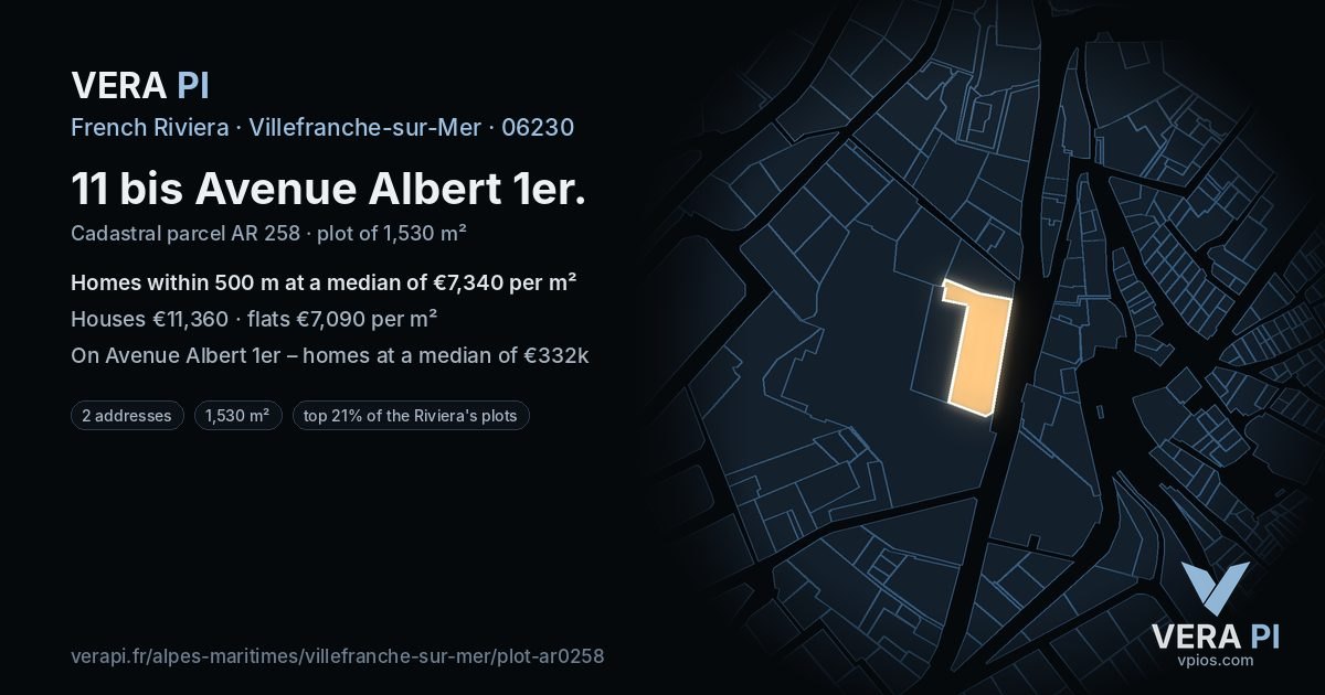 11 bis Avenue Albert 1er, Villefranche-sur-Mer at night – the plot lit, the parcels around coloured by the prices near them