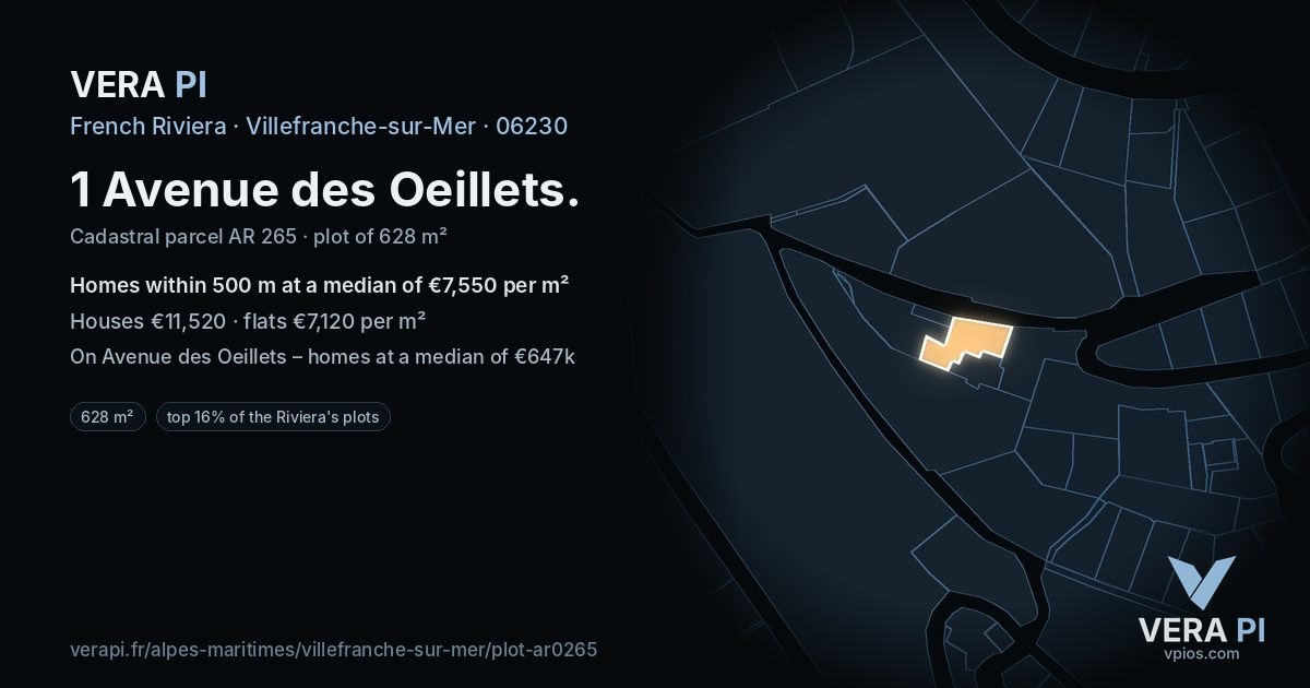 1 Avenue des Oeillets, Villefranche-sur-Mer at night – the plot lit, the parcels around coloured by the prices near them