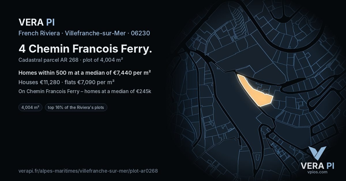 4 Chemin Francois Ferry, Villefranche-sur-Mer at night – the plot lit, the parcels around coloured by the prices near them