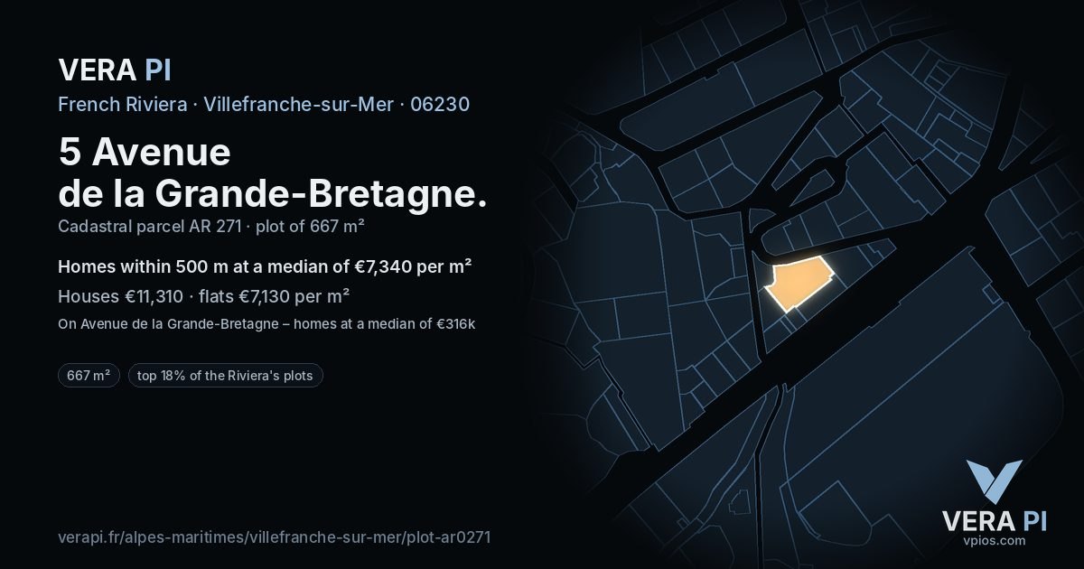 5 Avenue de la Grande-Bretagne, Villefranche-sur-Mer at night – the plot lit, the parcels around coloured by the prices near them