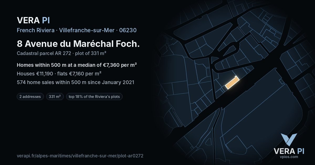8 Avenue du Maréchal Foch, Villefranche-sur-Mer at night – the plot lit, the parcels around coloured by the prices near them