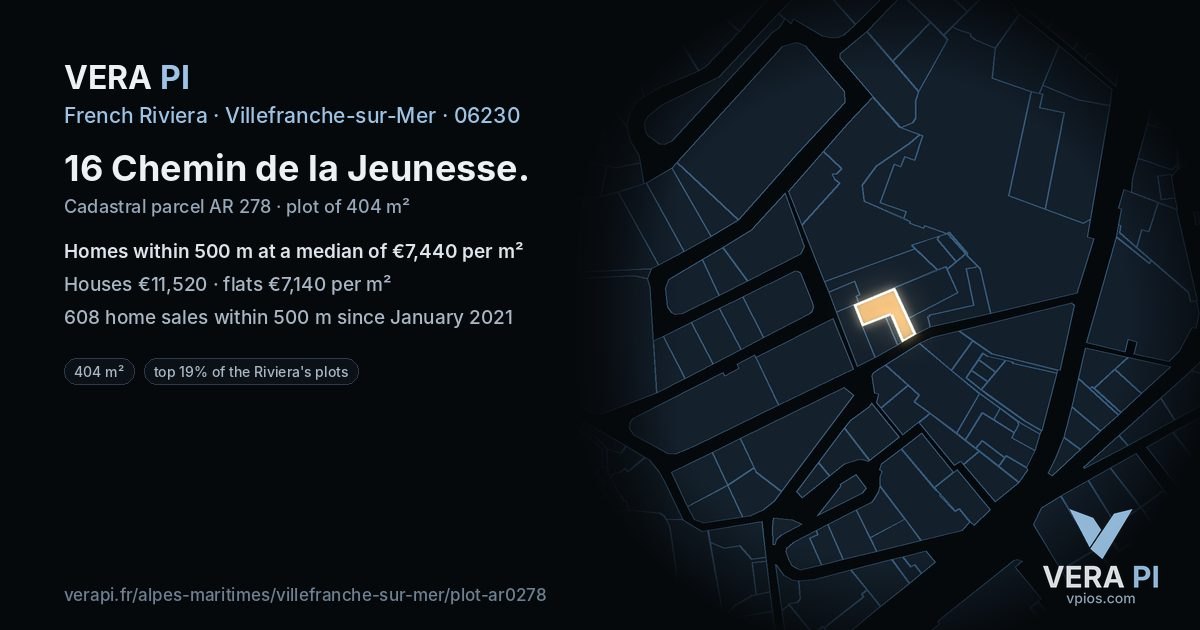 16 Chemin de la Jeunesse, Villefranche-sur-Mer at night – the plot lit, the parcels around coloured by the prices near them