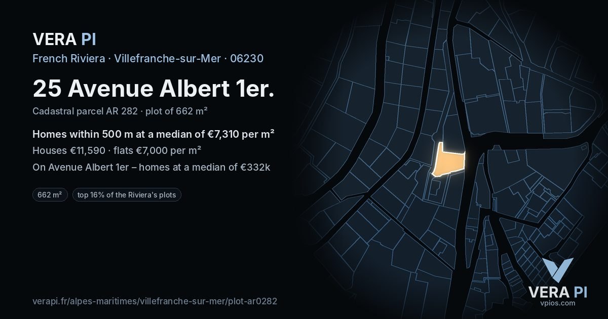25 Avenue Albert 1er, Villefranche-sur-Mer at night – the plot lit, the parcels around coloured by the prices near them