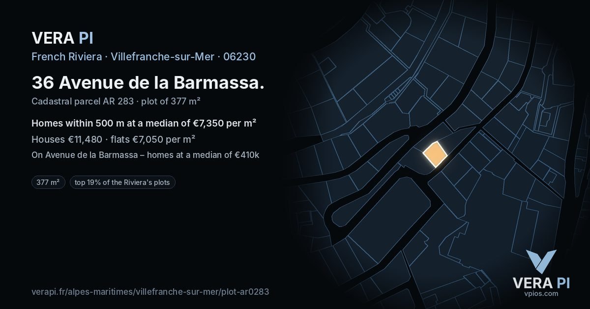 36 Avenue de la Barmassa, Villefranche-sur-Mer at night – the plot lit, the parcels around coloured by the prices near them