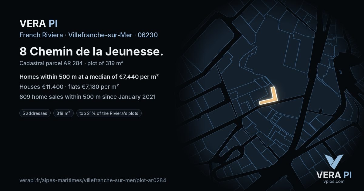 8 Chemin de la Jeunesse, Villefranche-sur-Mer at night – the plot lit, the parcels around coloured by the prices near them