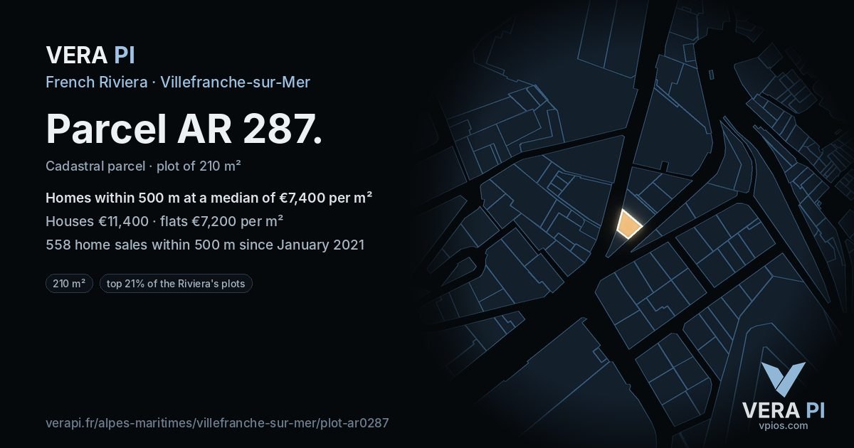 Parcel AR 287, Villefranche-sur-Mer at night – the plot lit, the parcels around coloured by the prices near them