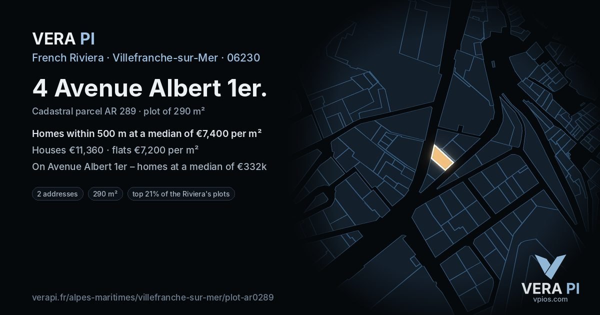 4 Avenue Albert 1er, Villefranche-sur-Mer at night – the plot lit, the parcels around coloured by the prices near them