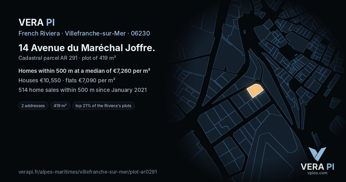 14 Avenue du Maréchal Joffre, Villefranche-sur-Mer at night – the plot lit, the parcels around coloured by the prices near them