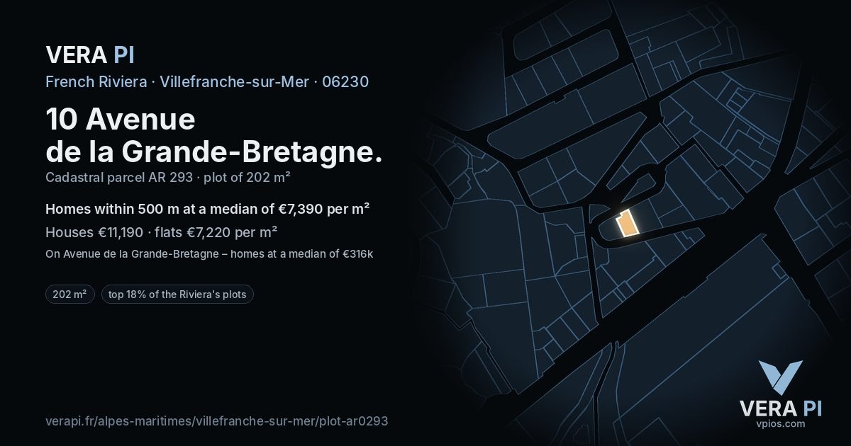 10 Avenue de la Grande-Bretagne, Villefranche-sur-Mer at night – the plot lit, the parcels around coloured by the prices near them