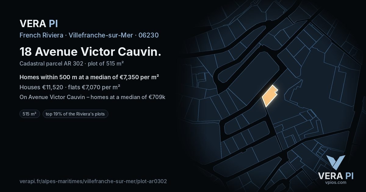 18 Avenue Victor Cauvin, Villefranche-sur-Mer at night – the plot lit, the parcels around coloured by the prices near them