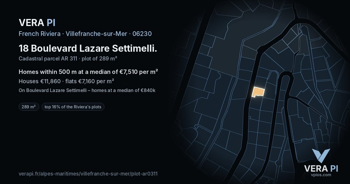 18 Boulevard Lazare Settimelli, Villefranche-sur-Mer at night – the plot lit, the parcels around coloured by the prices near them