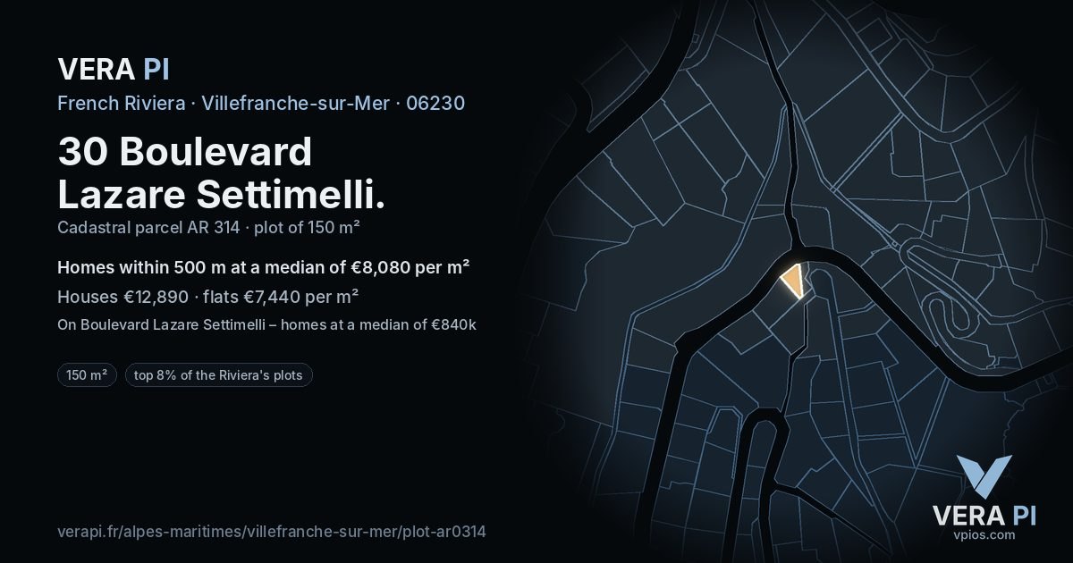 30 Boulevard Lazare Settimelli, Villefranche-sur-Mer at night – the plot lit, the parcels around coloured by the prices near them