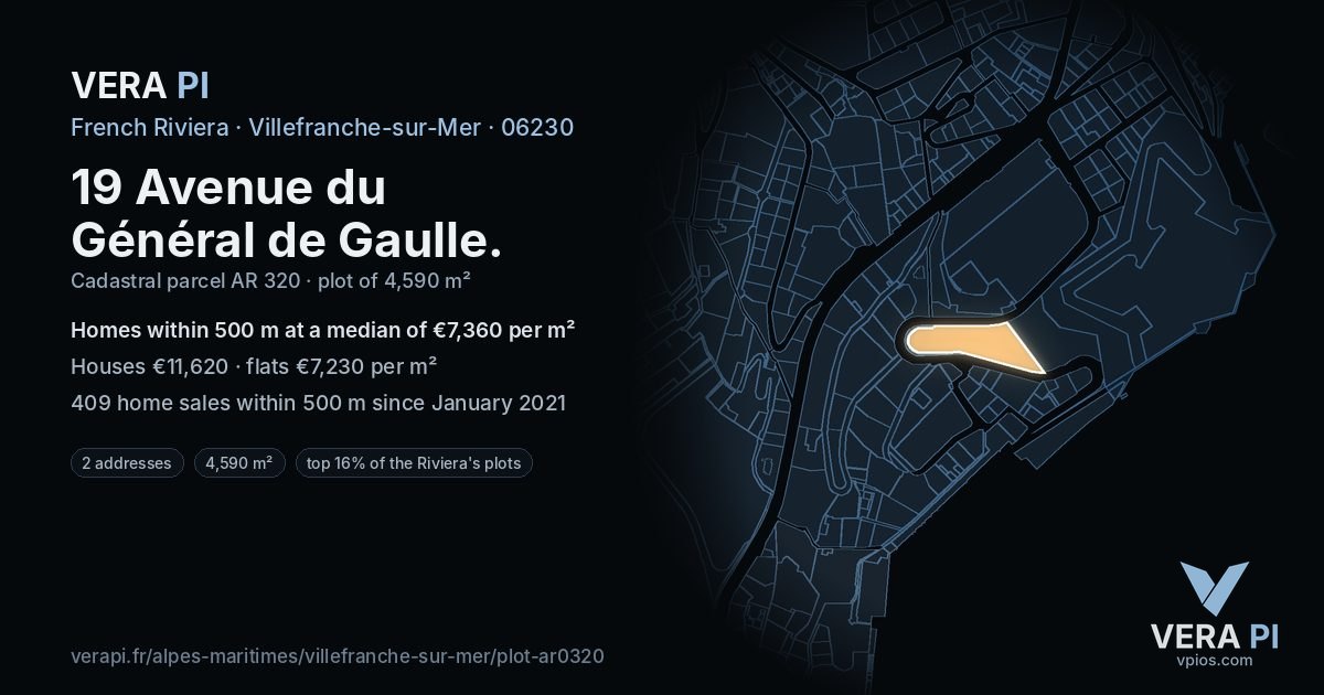 19 Avenue du Général de Gaulle, Villefranche-sur-Mer at night – the plot lit, the parcels around coloured by the prices near them