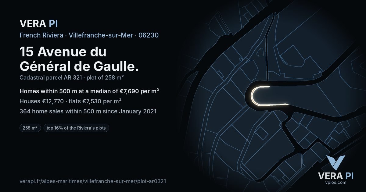 15 Avenue du Général de Gaulle, Villefranche-sur-Mer at night – the plot lit, the parcels around coloured by the prices near them