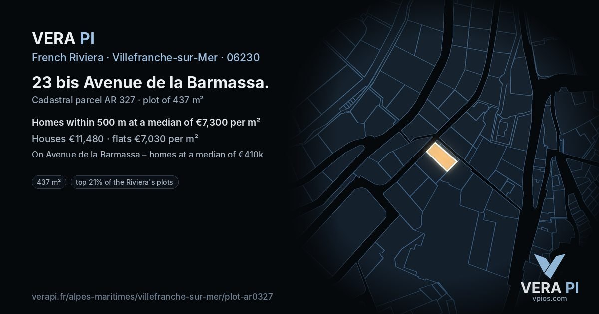 23 bis Avenue de la Barmassa, Villefranche-sur-Mer at night – the plot lit, the parcels around coloured by the prices near them