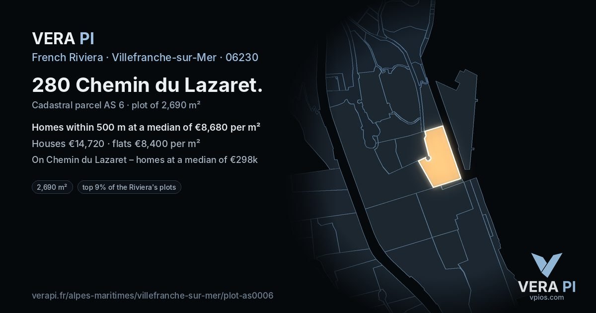 280 Chemin du Lazaret, Villefranche-sur-Mer at night – the plot lit, the parcels around coloured by the prices near them