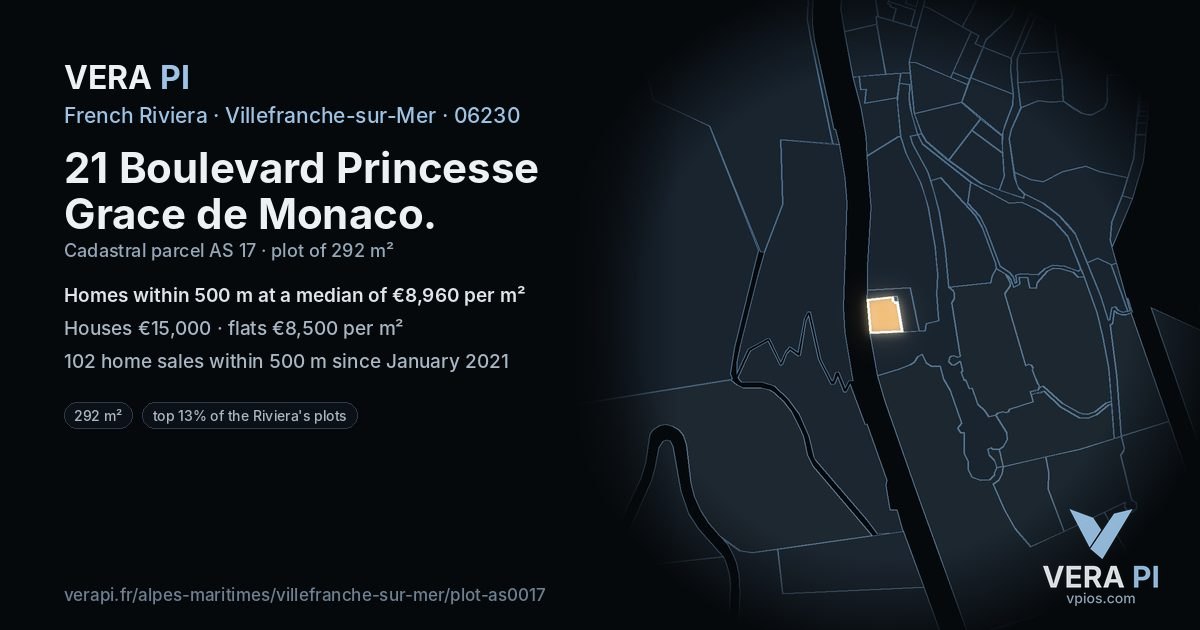21 Boulevard Princesse Grace de Monaco, Villefranche-sur-Mer at night – the plot lit, the parcels around coloured by the prices near them