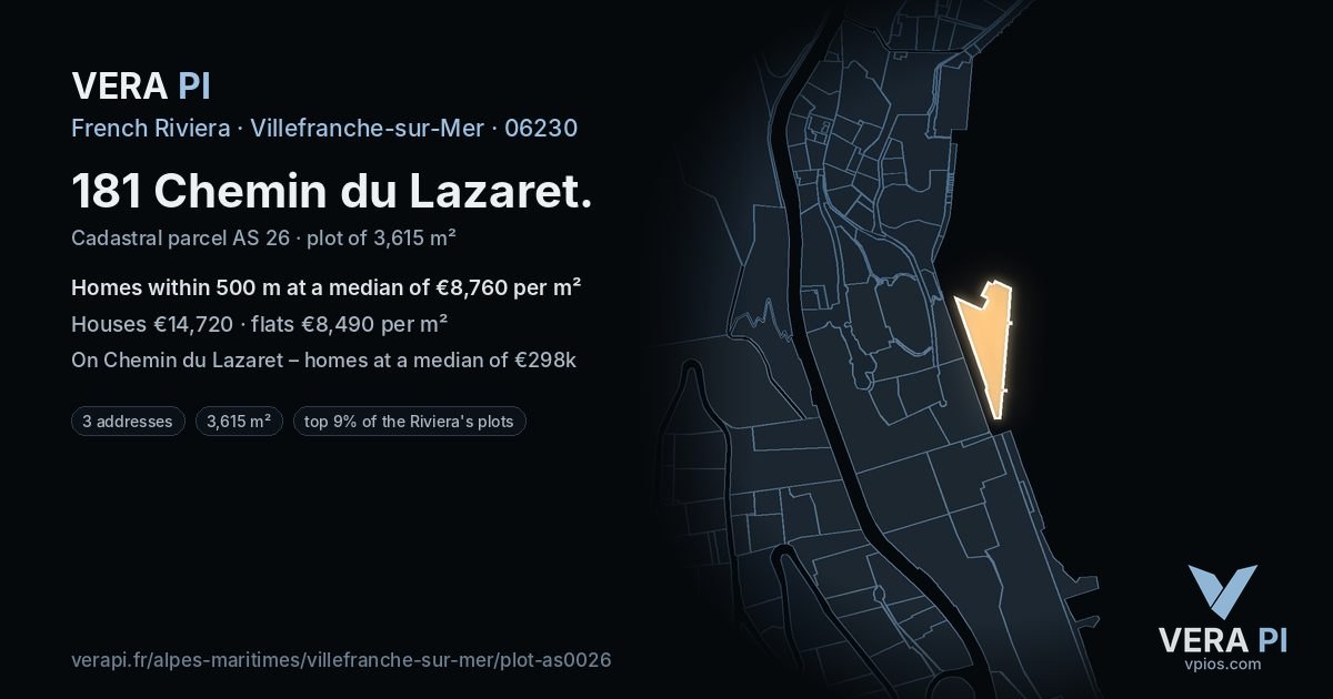 181 Chemin du Lazaret, Villefranche-sur-Mer at night – the plot lit, the parcels around coloured by the prices near them