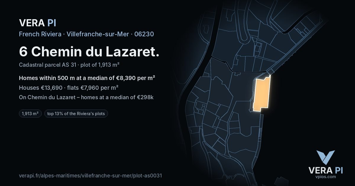 6 Chemin du Lazaret, Villefranche-sur-Mer at night – the plot lit, the parcels around coloured by the prices near them