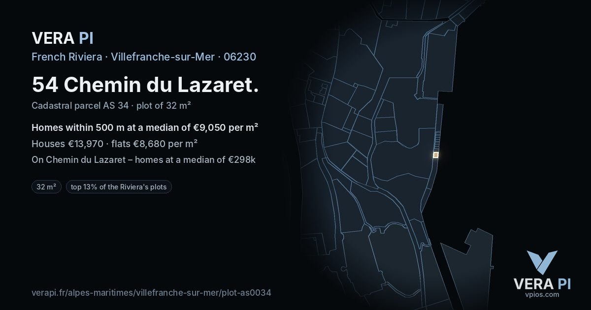 54 Chemin du Lazaret, Villefranche-sur-Mer at night – the plot lit, the parcels around coloured by the prices near them