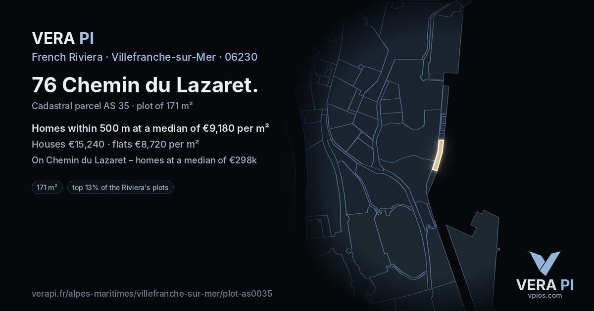 76 Chemin du Lazaret, Villefranche-sur-Mer at night – the plot lit, the parcels around coloured by the prices near them