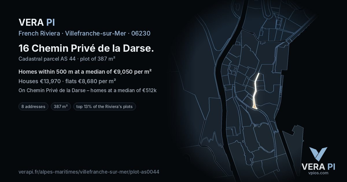 16 Chemin Privé de la Darse, Villefranche-sur-Mer at night – the plot lit, the parcels around coloured by the prices near them