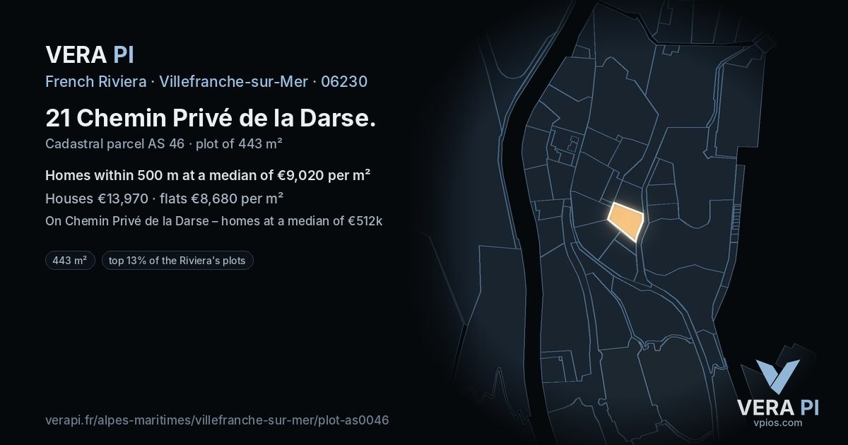 21 Chemin Privé de la Darse, Villefranche-sur-Mer at night – the plot lit, the parcels around coloured by the prices near them