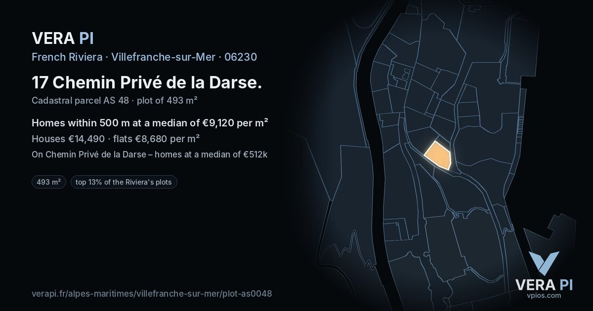 17 Chemin Privé de la Darse, Villefranche-sur-Mer at night – the plot lit, the parcels around coloured by the prices near them