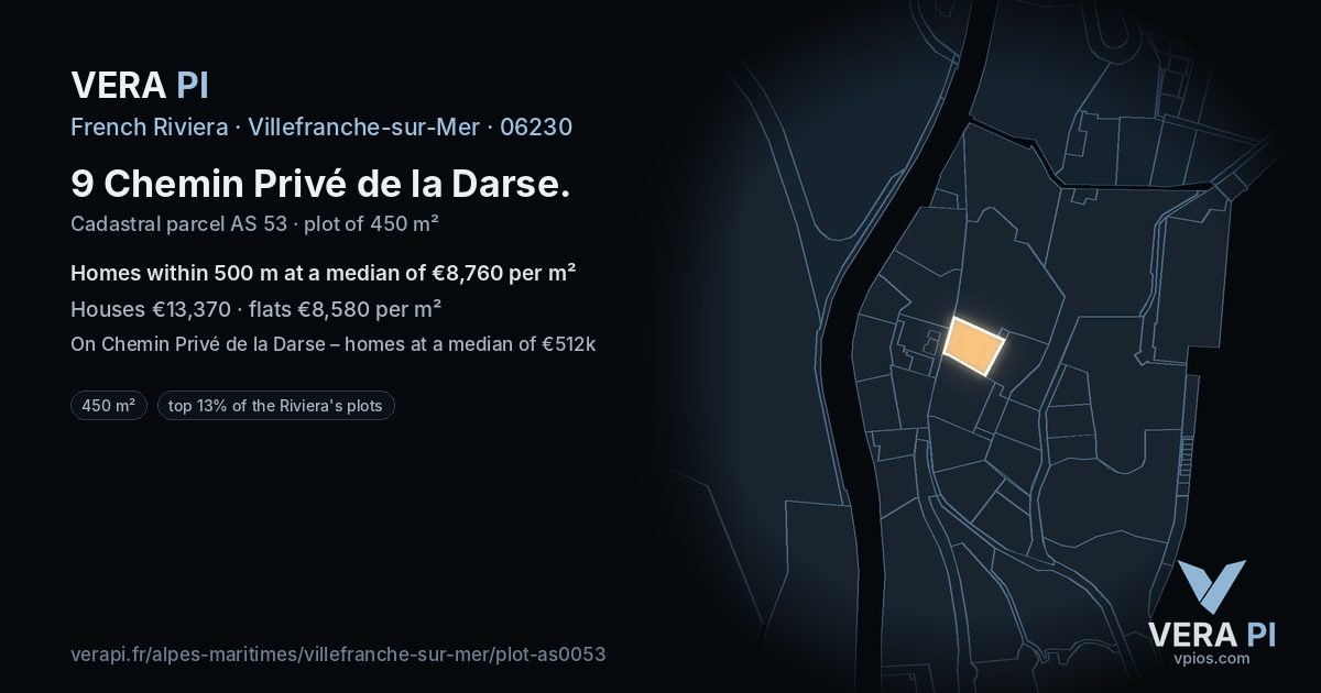 9 Chemin Privé de la Darse, Villefranche-sur-Mer at night – the plot lit, the parcels around coloured by the prices near them