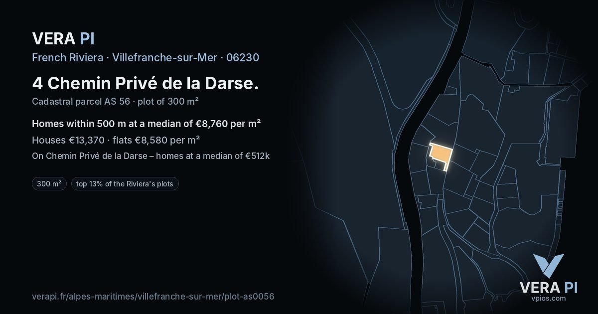 4 Chemin Privé de la Darse, Villefranche-sur-Mer at night – the plot lit, the parcels around coloured by the prices near them