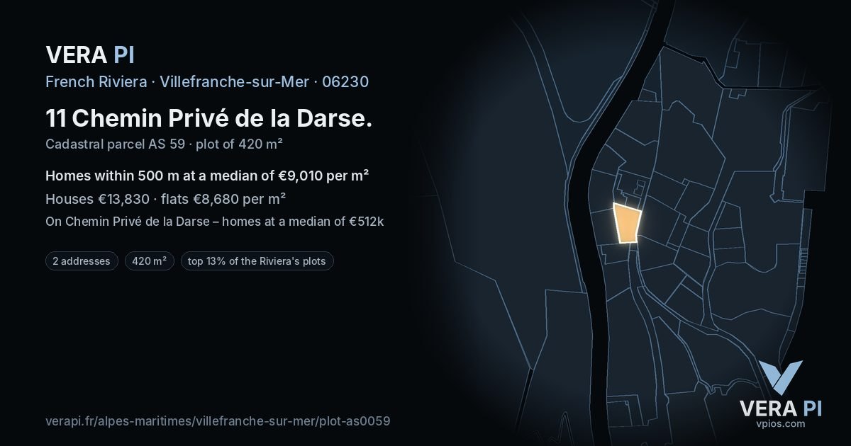 11 Chemin Privé de la Darse, Villefranche-sur-Mer at night – the plot lit, the parcels around coloured by the prices near them