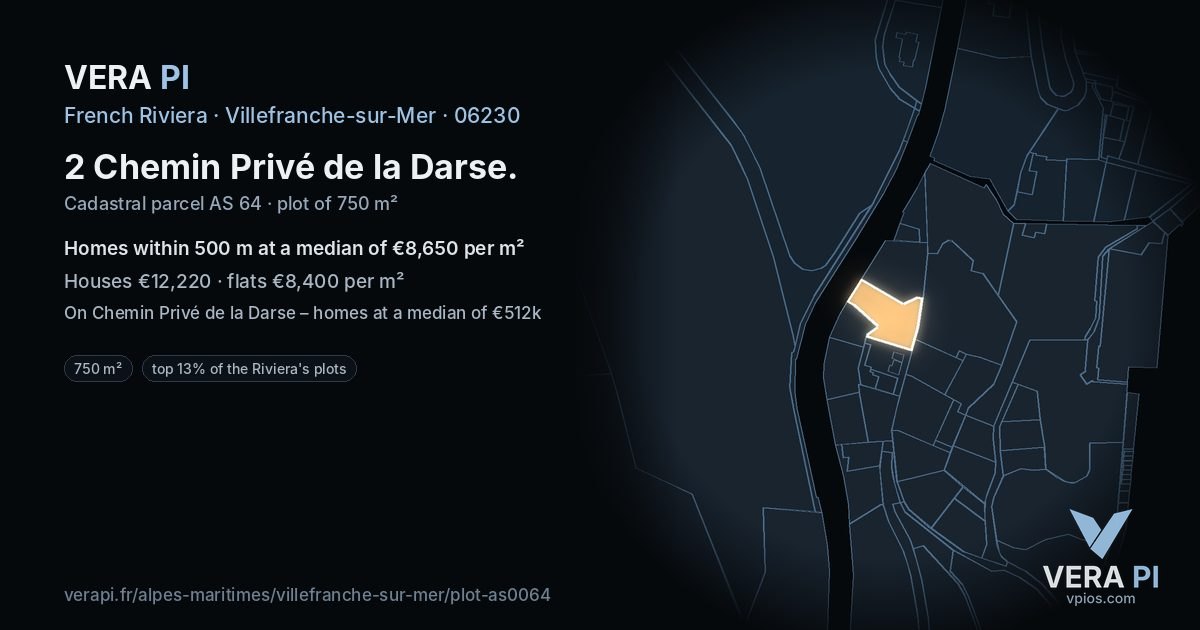 2 Chemin Privé de la Darse, Villefranche-sur-Mer at night – the plot lit, the parcels around coloured by the prices near them