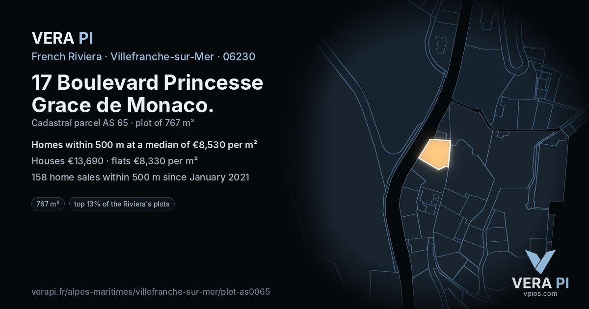 17 Boulevard Princesse Grace de Monaco, Villefranche-sur-Mer at night – the plot lit, the parcels around coloured by the prices near them