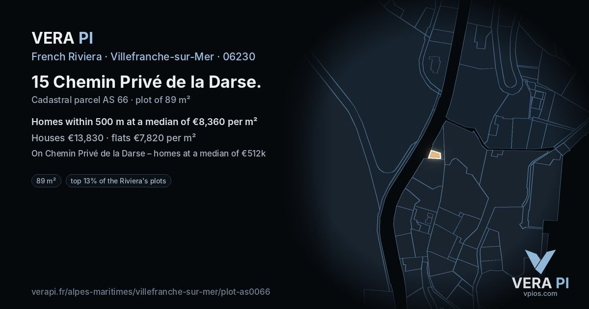 15 Chemin Privé de la Darse, Villefranche-sur-Mer at night – the plot lit, the parcels around coloured by the prices near them