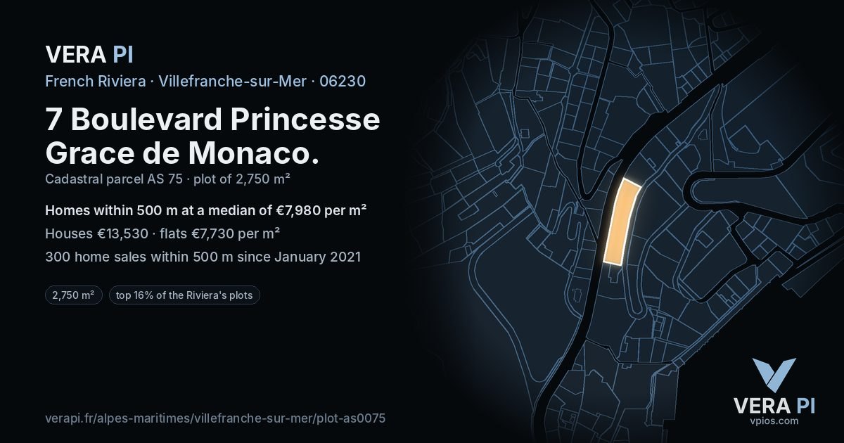 7 Boulevard Princesse Grace de Monaco, Villefranche-sur-Mer at night – the plot lit, the parcels around coloured by the prices near them