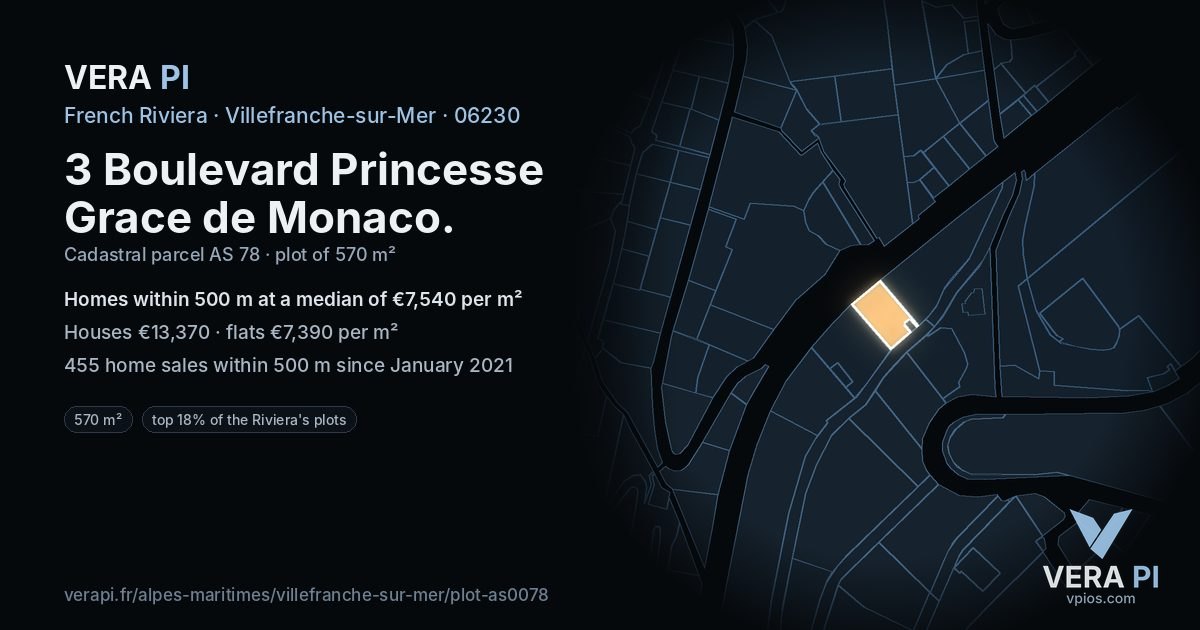 3 Boulevard Princesse Grace de Monaco, Villefranche-sur-Mer at night – the plot lit, the parcels around coloured by the prices near them