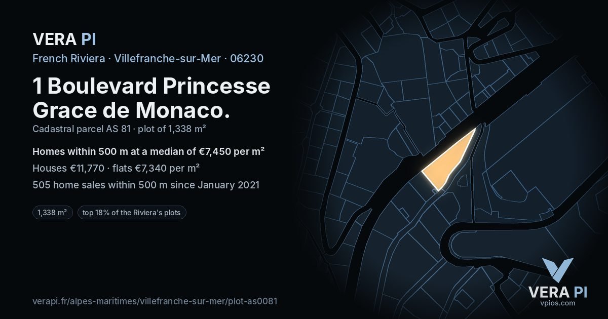 1 Boulevard Princesse Grace de Monaco, Villefranche-sur-Mer at night – the plot lit, the parcels around coloured by the prices near them