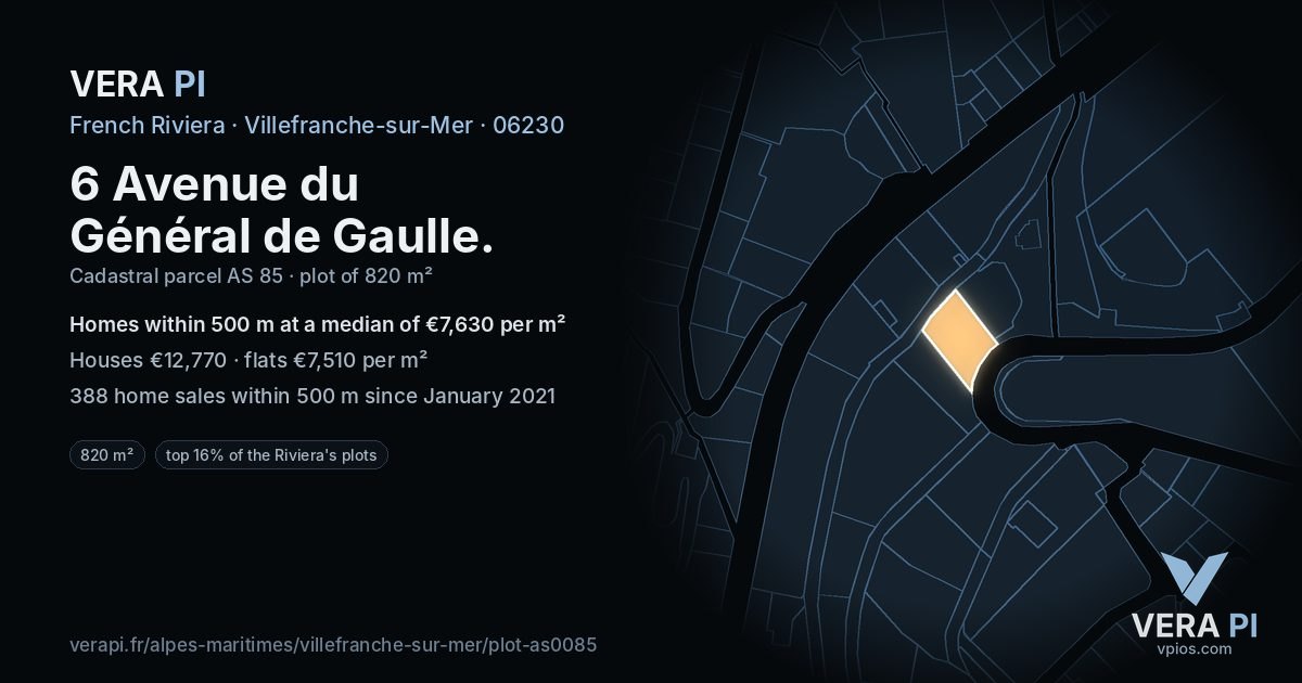6 Avenue du Général de Gaulle, Villefranche-sur-Mer at night – the plot lit, the parcels around coloured by the prices near them