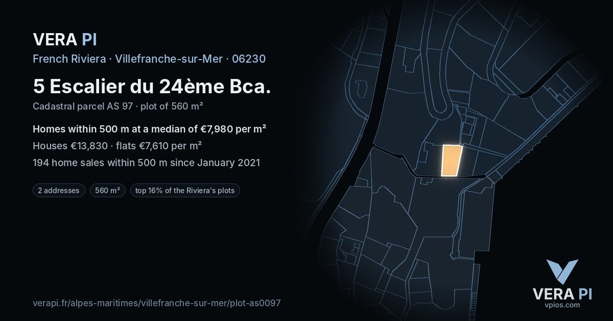 5 Escalier du 24ème Bca, Villefranche-sur-Mer at night – the plot lit, the parcels around coloured by the prices near them