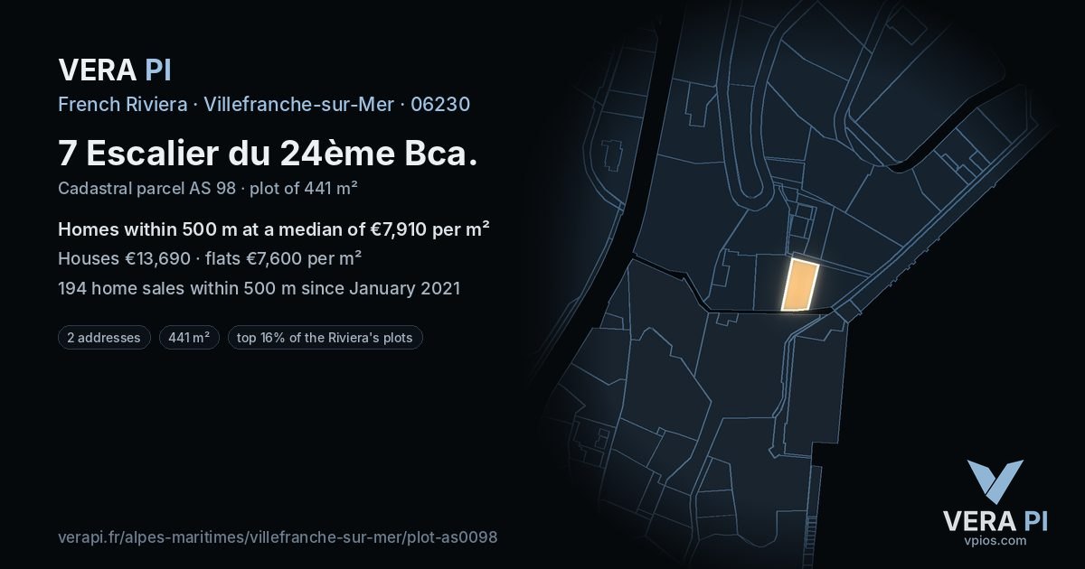 7 Escalier du 24ème Bca, Villefranche-sur-Mer at night – the plot lit, the parcels around coloured by the prices near them